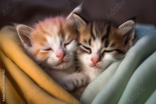 Two small striped domestic kittens sleeping at home lying on bed white blanket funny pose. cute adorable pets cats © Nadezda Ledyaeva