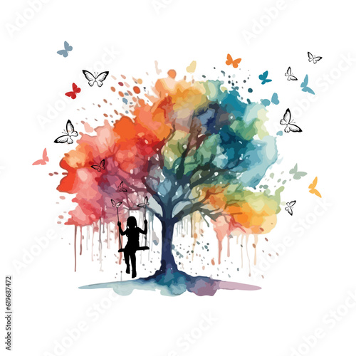 The girl swings on a swing on a rainbow tree. Dreams. Happy childhood. Joy and serenity. Vector illustration