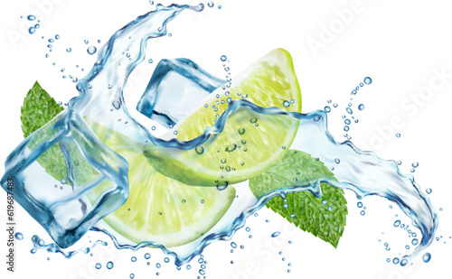 Mojito drink wave splash with lime, ice cubes, water swirl and mint leaves. 3d vector liquid beverage with citrus fruit slices, water drops or frozen icy blocks. Realistic flow of refreshment cocktail