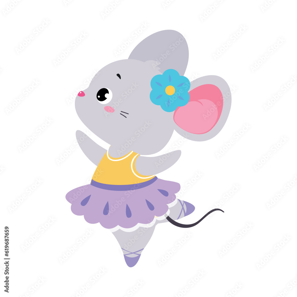 Obraz premium Funny Mouse Ballet Dancing in Skirt and Pointe Shoes Vector Illustration