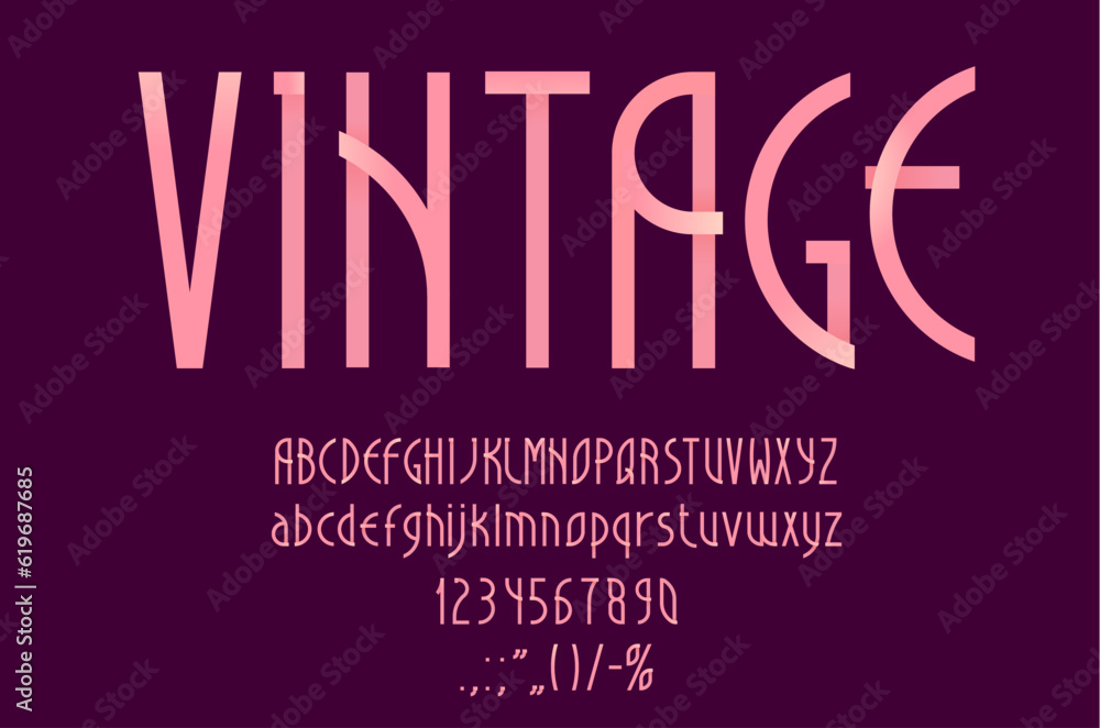 Pink art deco font or romantic typeface, nouveau type and retro elegant
