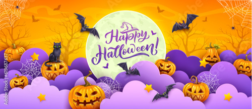 Halloween paper cut banner with pumpkins, bats and cobwebs. Cartoon vector greeting card design with 3d effect papercut clouds, landscape with trees, black cat and jack lanterns under full moon in sky