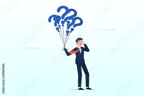 Doubtful businessman holding question marks balloon look for solutions, question marks, finding solution or search for answer, solving problem or curiosity, questionnaire, FAQ or uncertainty (Vector)