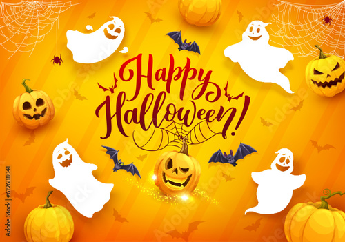 Cartoon halloween flying ghosts. Vector autumn holiday greeting card with funny spooks, pumpkins, bats, spider web and sparks on orange background with lettering. 31 october design with phantoms
