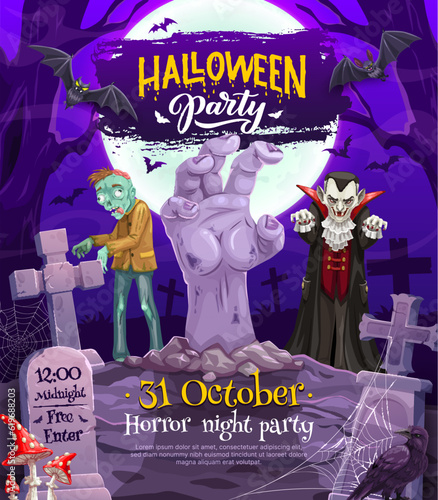 Cartoon halloween party flyer. Vector holiday characters scary vampire dracula, zombie, bats and raven. October horror night card with scary monsters and evil beasts, trick or treat spooky poster