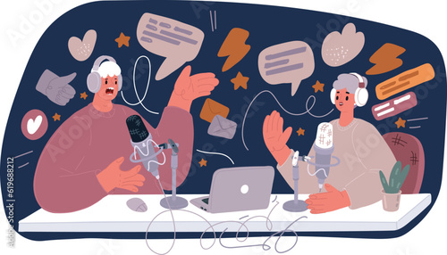 Vector cartoon illustration of People Live streaming, broadcast. Male and female social media network bloggers collaboration. Vloggers cartoon characters. Interview, podcast, video recording in studio
