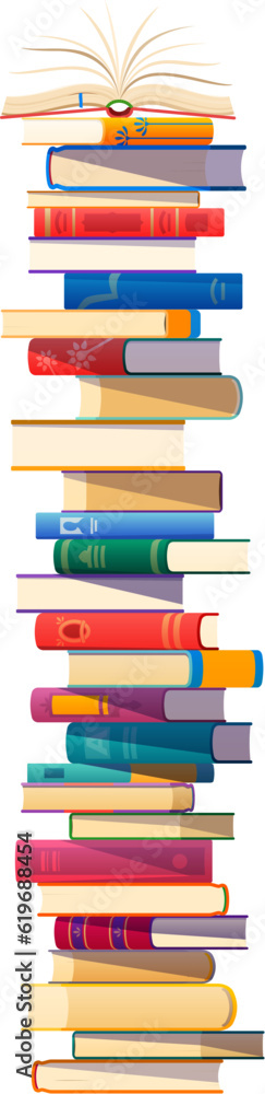 High book stack, cartoon vector pile of reading materials for education and recreation. Stacked library learning educational or scientific paper volumes for giving facts and knowledge information High book stack, cartoon vector pile of reading materials for education and recreation. Stacked library learning educational or scientific paper volumes for giving facts and knowledge information