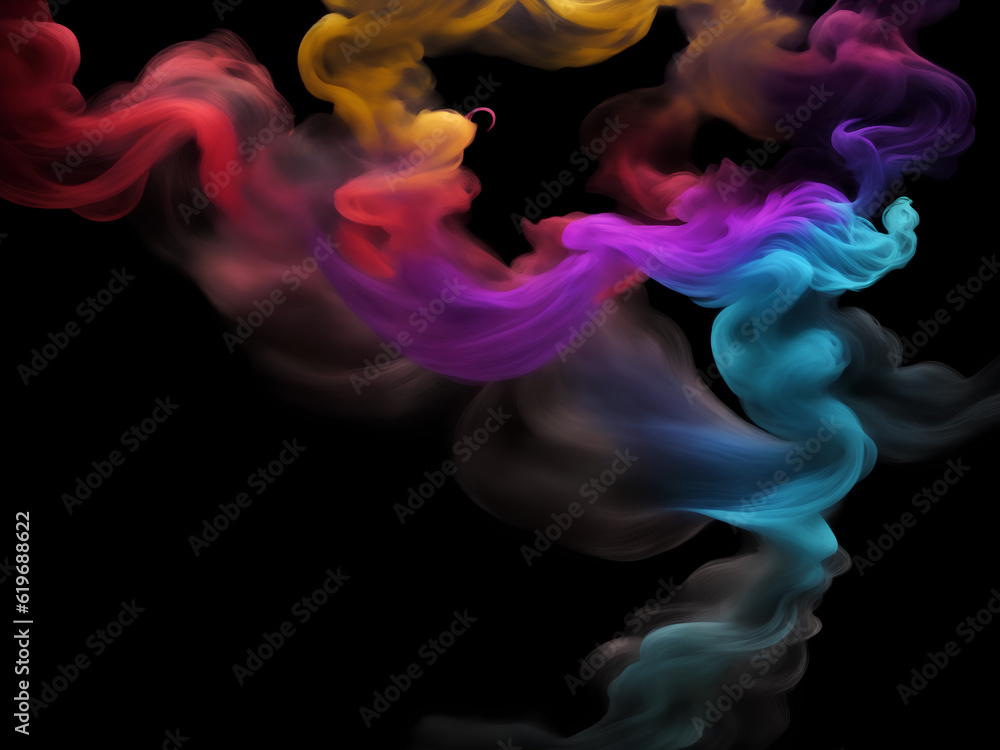 Photograph of a singular flowing colorful smoke stream in black background Photograph of a singular flowing colorful smoke stream in black background