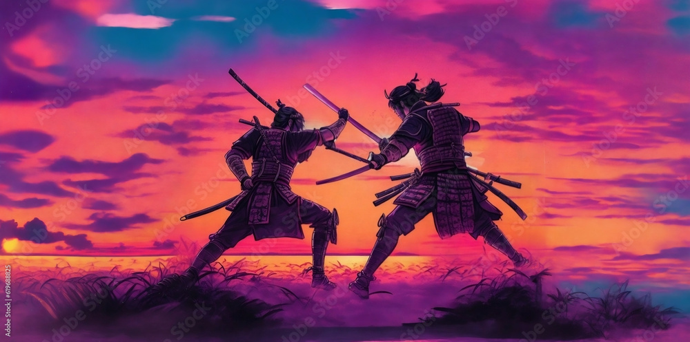 Samurai Fight at sunset synthwave style