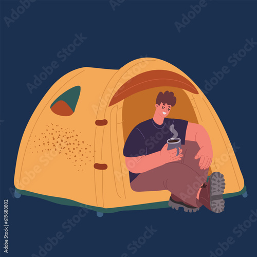 Vector cartoon illustration of Male character in tent in tent dirnk tea. Hikking concept.
