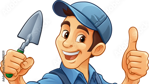 A bricklayer handyman cartoon construction mascot character man holding a trowel tool