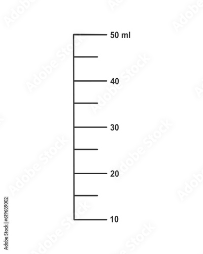 Measuring scale with 50 ml liquid volume for cups to preparing cooking or chemistry flasks isolated on white background. Vector graphic illustration.