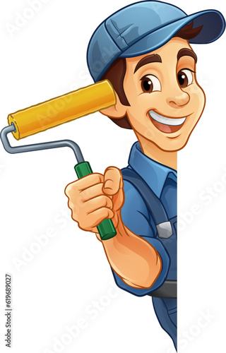 A painter decorator handyman cartoon construction man mascot character holding a paint roller tool