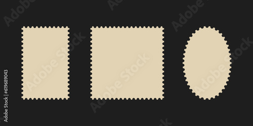 Postage stamp frames set. Empty border template for postcards and letters. Blank rectangle and square vintage postage stamps with perforated edge. Vector illustration isolated on black background.