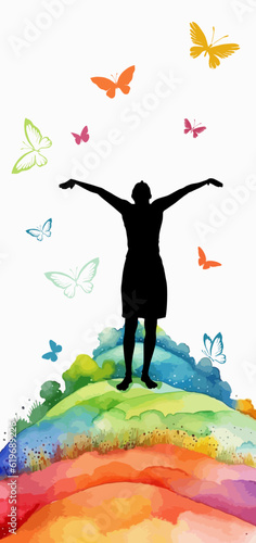 abstract silhouette of a happy girl with raised hands. Man rejoices in flying. Happy world sun and butterflies. Vector illustration