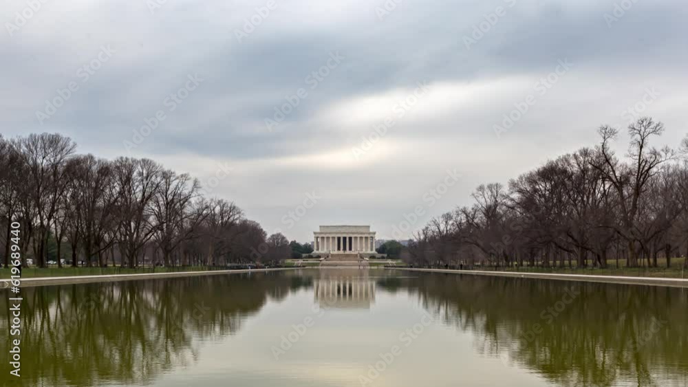 Lincoln Memorial With Reflecting Pool In Washington DC On A Cloudy Day. timelapse Lincoln Memorial With Reflecting Pool In Washington DC On A Cloudy Day. timelapse
