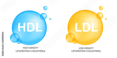 Cholesterol HDL and LDL types. Good and bad cholesterin. High and low density, lipoprotein icons isolated on white background. Medical infographic. Vector illustration photo