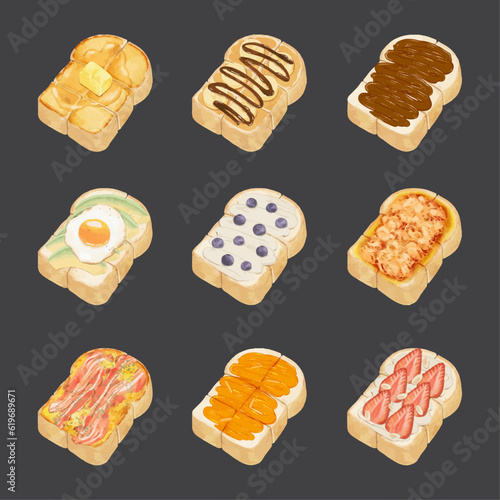 Set of watercolor sweet and savory toast vector illustration