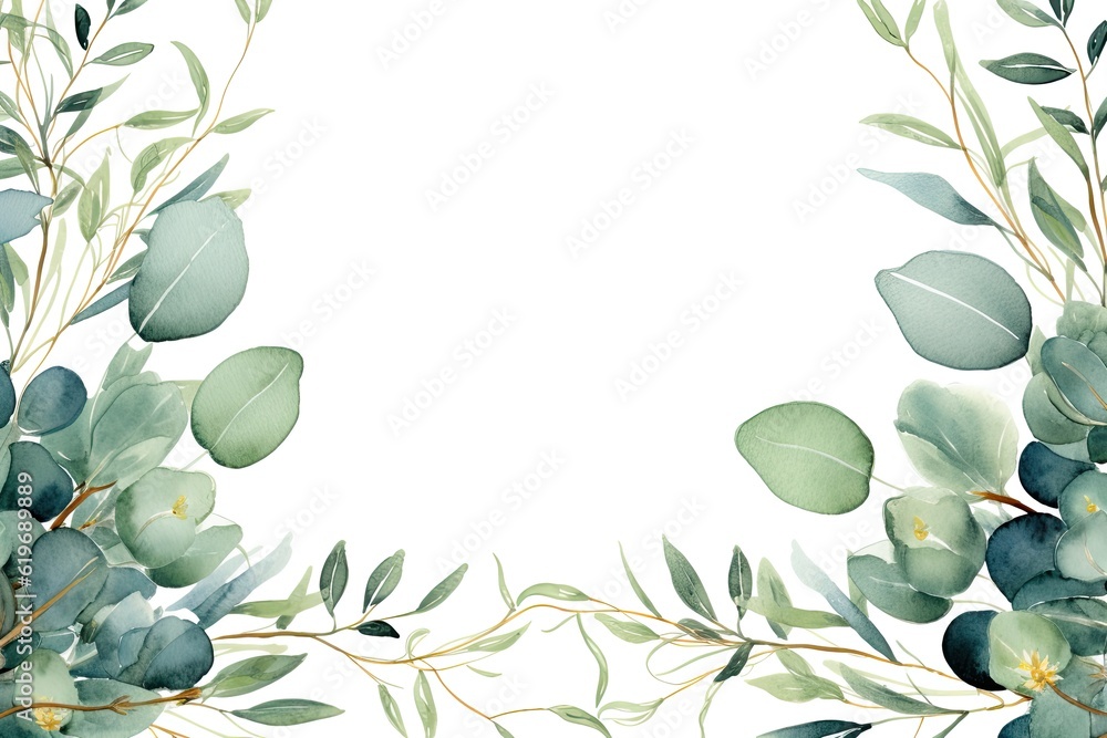 Watercolor Eucalyptus Leaves Frame , Botanical Wedding Stationery
