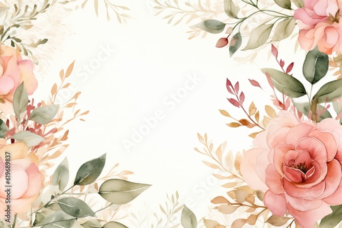 Watercolor Floral Frame ,Romantic Pink Rose Border for Weddings and Stationery