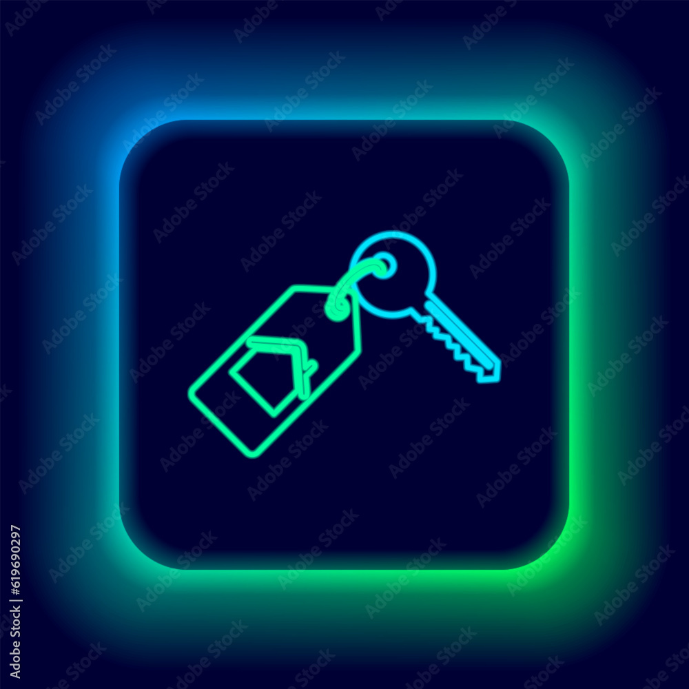 Glowing neon line House with key icon isolated on black background. The concept of the house turnkey. Colorful outline concept. Vector Glowing neon line House with key icon isolated on black background. The concept of the house turnkey. Colorful outline concept. Vector