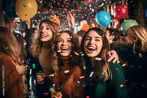 Friends or family celebrating New Year's Eve with champagne, confetti and party hats