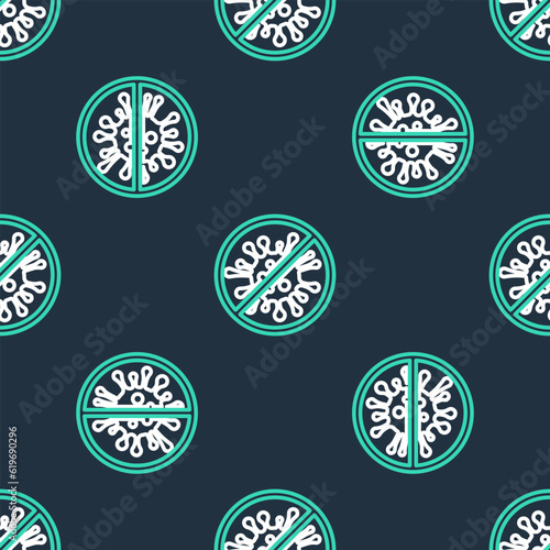 Line Stop virus, bacteria, germs and microbe icon isolated seamless pattern on black background. Antibacterial and antiviral defence, protection infection. Vector