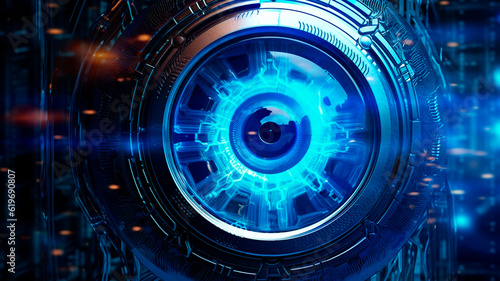 Futuristic robot eye technology, blue digital iris. Generative AI