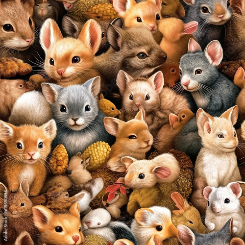 Seamless pattern with a bunch of fluffy cartoon animals sitting tightly on top of each other. AI generated.