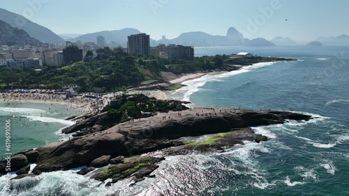 Aerial view of Diabo beach and Ipanema beach, Pedra do Arpoador. People sunbathing and playing on the beach, sea sports. Rio de Janeiro. Brazil photo