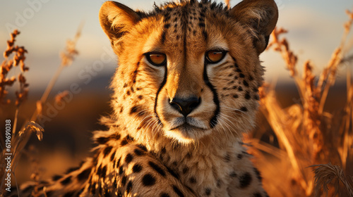 cheetah in serengeti national park, close up of cheetah in savanna plains, generative ai