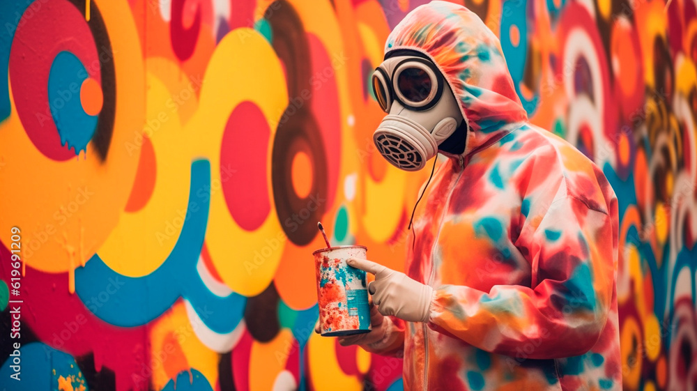 graffiti sprayer artist with mask in a colourful scene. Generative AI