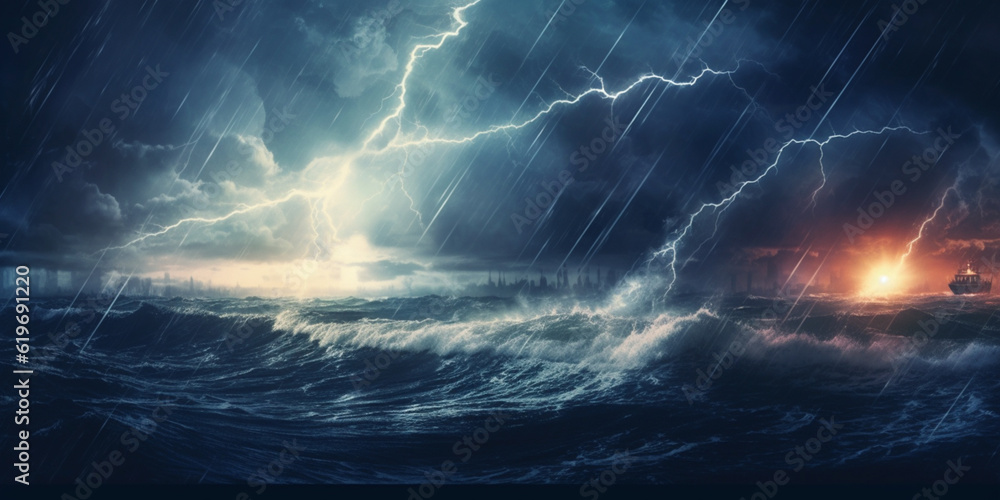Bright lightning in a raging sea. A strong storm in the ocean. Big waves. Night thunderstorm. Dark tones. The power of raging nature. Raster illustration
