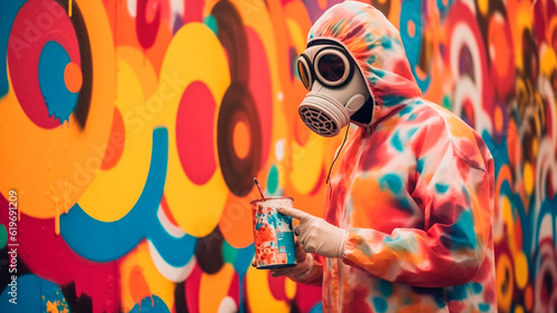 graffiti sprayer artist with mask in a colourful scene. Generative AI