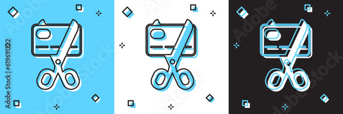 Set Scissors cutting a credit card icon isolated on blue and white, black background. Online payment. Cash withdrawal. Financial operations. Shopping sign. Vector