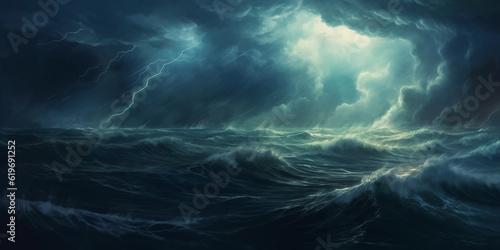 Bright lightning in a raging sea. A strong storm in the ocean. Big waves. Night thunderstorm. Dark tones. The power of raging nature. Raster illustration