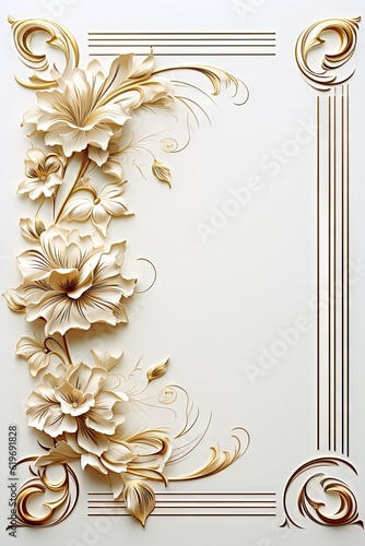 a floral frame of elegant gold and white flowers on white background for an invitation card