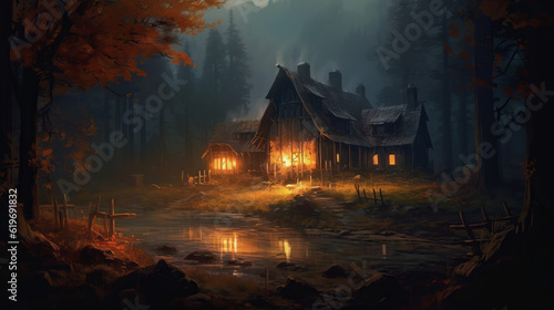 Old house with glowing windows in dark forest, generative ai