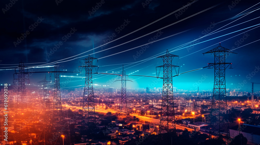 High power electricity poles in urban area connected to smart grid. Energy supply, distribution of energy, transmitting energy, energy transmission, high voltage supply concept photo. Generative AI - obrazy, fototapety, plakaty 