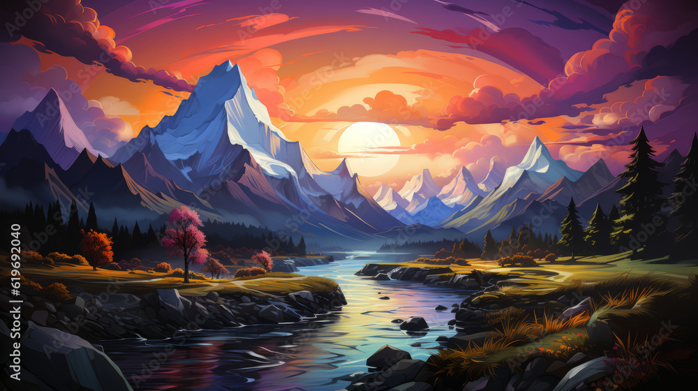 sunrise over the mountains, mluntains with lake and sunset, generative ai