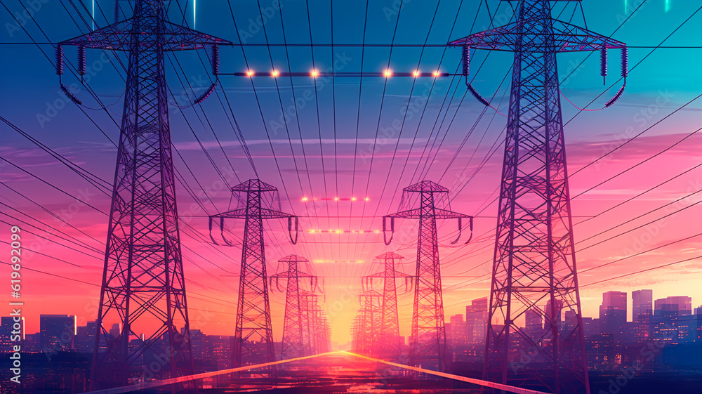 High power electricity poles in urban area connected to smart grid