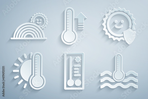 Set Meteorology thermometer, UV protection, Thermometer with sun, Water, and Rainbow icon. Vector
