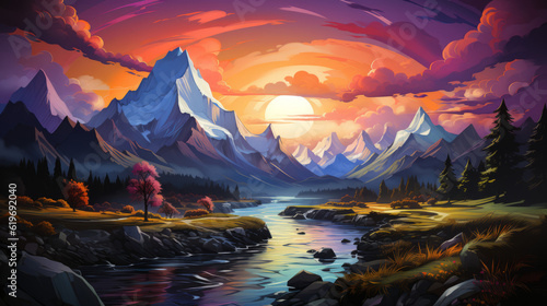 sunrise over the mountains, mluntains with lake and sunset, generative ai © TheGoldTiger