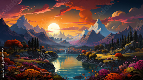 sunrise over the mountains, mluntains with lake and sunset, generative ai