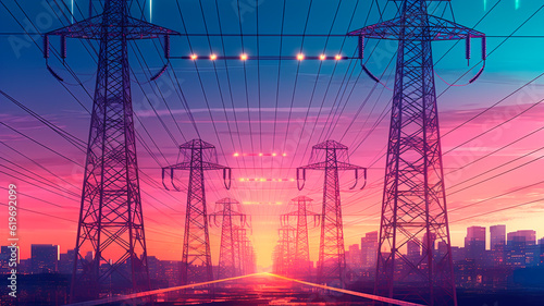 High power electricity poles in urban area connected to smart grid. Energy supply, distribution of energy, transmitting energy, energy transmission, high voltage supply concept photo. Generative AI