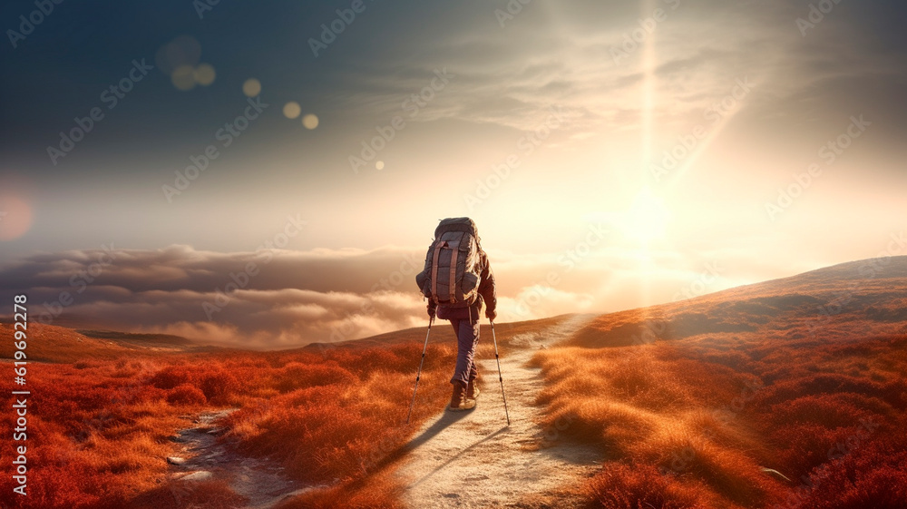 Hiker goes against sky and sun. Hiking concept created. Generative AI Hiker goes against sky and sun. Hiking concept created. Generative AI