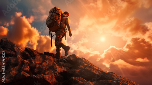 Hiker goes against sky and sun. Hiking concept created. Generative AI