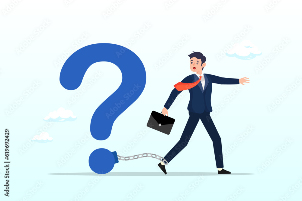 Frustrated businessman chained with huge large question mark burden, struggle with unanswered question, problem or difficulty, hard questions or unsolvable quest concept (Vector)