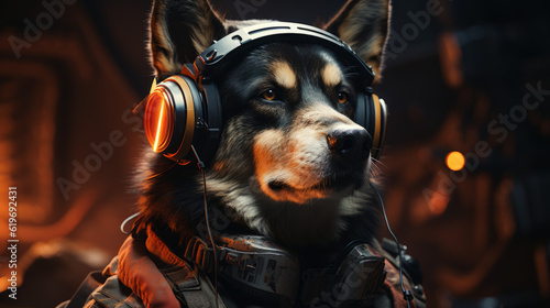 portrait of a wolf in combat suit, cyberpunk husky, generative ai