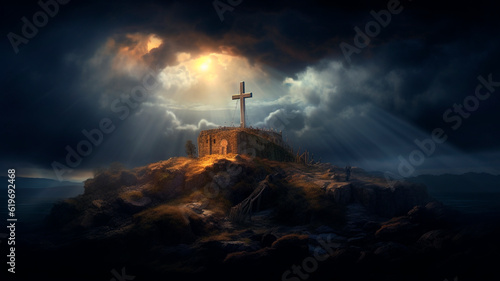 holy cross symbolizing the death and resurrection of Jesus Christ with The sky over Golgotha Hill is shrouded in light and clouds. Generative AI